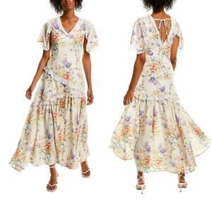 Beulah Floral Lace Tiered Midi Dress Sz L Cottagecore Prairie